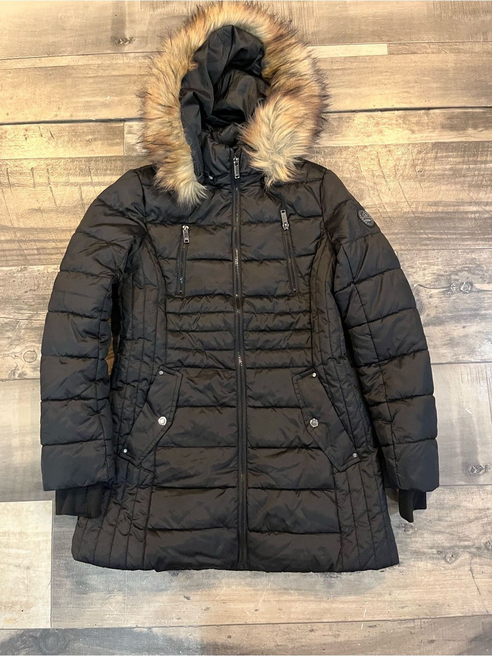 HFX Women’s Medium Black Puffer Coat Faux Fur Removable Hood Winter Jacket